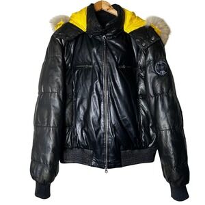 Vittorio Forti Puffer Jacket EU 58 US 48‎ Black Leather Hooded Fur Trim Men's
